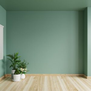 Sala con muro verde y piso de madera clara